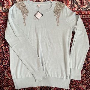 NWT Halogen Beaded Shoulder Crewneck Sweater, Seafoam Green